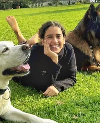 Actress Sanya Malhotra shares a relaxed moment with our Labrador, Rocky, and German Shepherd, Leo. Building genuine comfort between actors and dogs is a key part of our on-set work.