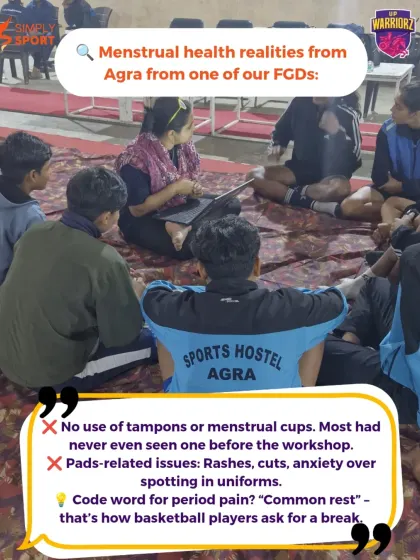 Insights from our focus group discussion in Agra. We learned that most athletes had never seen tampons or menstrual cups, and many faced issues with pads. Their code word for period pain was "common rest," highlighting the need for open conversation.