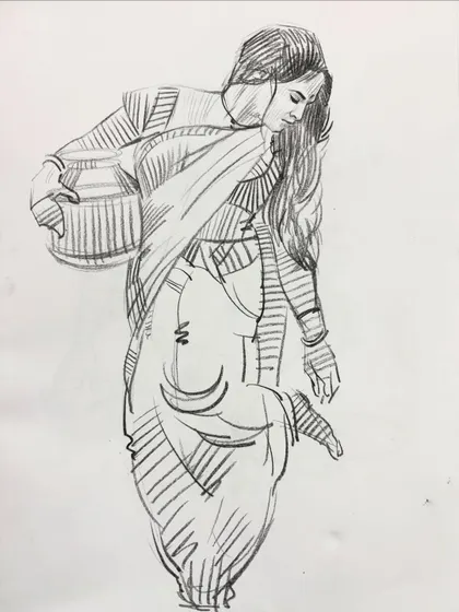 A sketch of a woman carrying a pot, focusing on the gesture and flow of her sari.