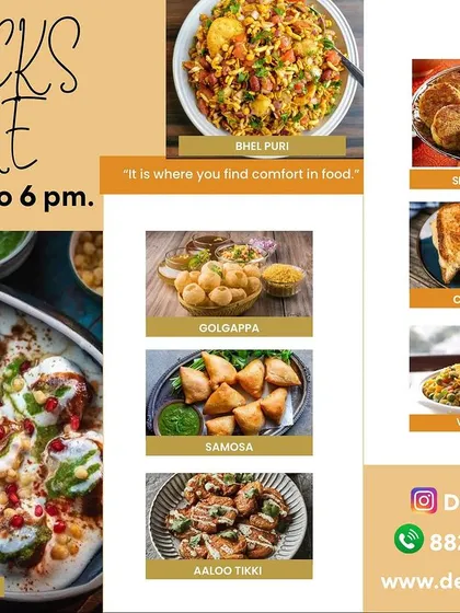 Our "Snacks Time" menu, available from 4 to 6 pm, featuring popular evening snacks like Dahi Bhalle, Bhel Puri, and Samosa.