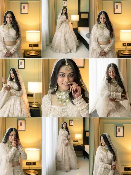 A collage of the bride's getting-ready moments, showing her in various poses and capturing her joyful personality.