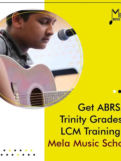 A student plays guitar, with text highlighting that I offer training for ABRSM, Trinity, and LCM exams, covering both practical and theory.
