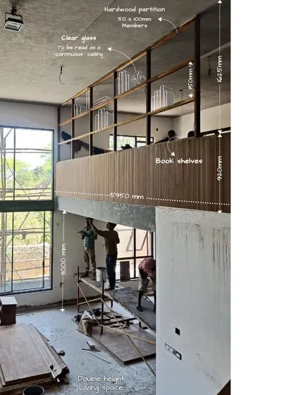 A work-in-progress shot of a residence, with my design notes overlaid. This shows the level of detail and planning that goes into executing a feature like this hardwood partition and bookshelf.