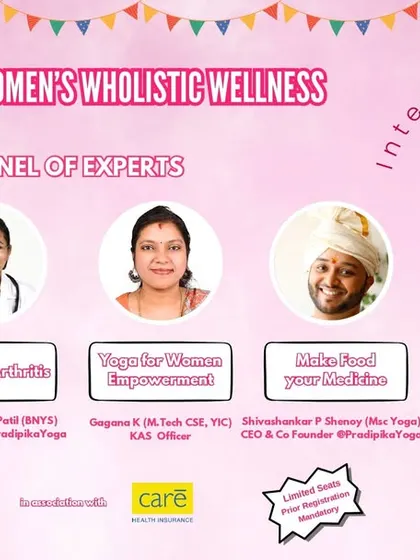 This is the official event poster for our 2025 International Women's Day seminar on the "Yogic Approach to Women's Wholistic Wellness". The panel of experts will discuss practical yoga applications for PCOS, pregnancy, and women's empowerment, along with nutrition advice.