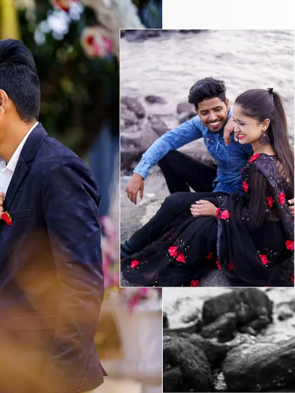 A collage of pre-wedding photos that mix candid, playful moments with more posed, romantic shots, showing the variety I can capture in a single session.