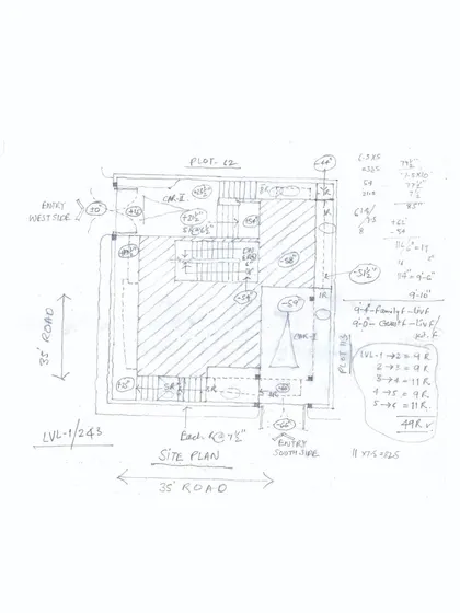 A hand-drawn site plan for 'Nachiar Illam', mapping out the building's footprint, entry points, and relationship to the roads on a challenging corner plot.