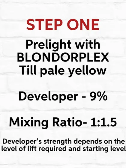 Step One for the face-framing blue. We pre-lighten the front sections with Blondorplex to a clean, pale yellow.