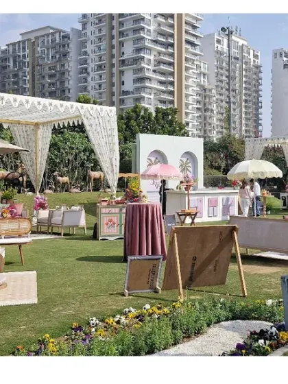 A wide shot of the entire event layout, showing the different zones we created, including lounge areas, cocktail tables, and the main bar, all unified by a consistent design theme.