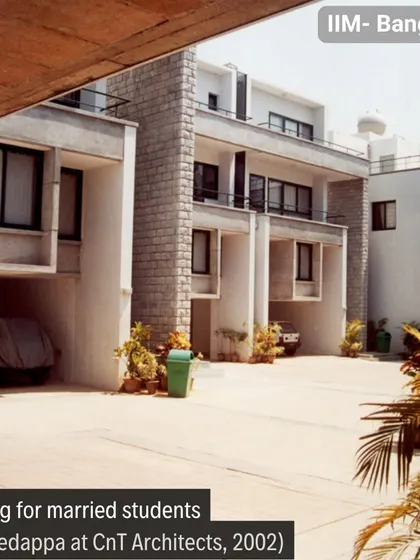 The housing for married students at IIM-B, completed in 2002. The design balances community with privacy, using a split-level cluster of paired units.