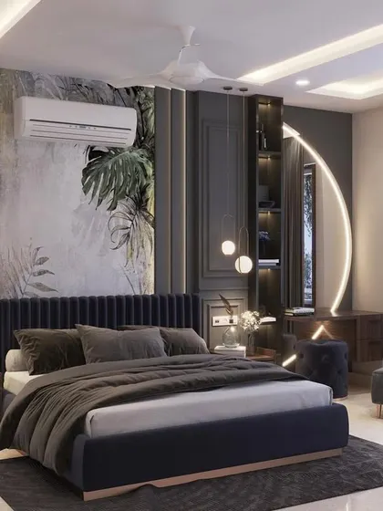A contemporary bedroom design with a dark, moody palette, featuring a custom headboard with integrated circular lighting and a botanical art panel.