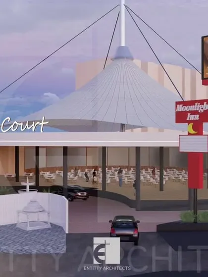 A perspective of the food court entrance, illustrating how the open and welcoming design invites travelers to stop and rest. The glass facade provides a clear view of the interior dining space.