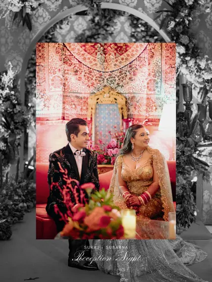 A creative edit of the couple at their reception, framed by a floral arch. The vibe was pure romance and sophistication.