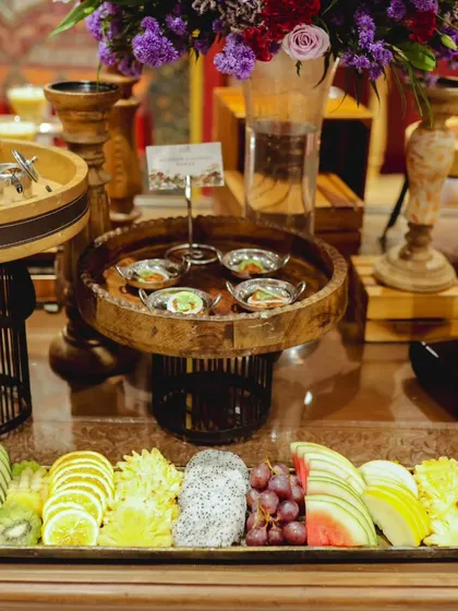 This luxurious spread combines our fresh fruit platter with Mutton Galouti Kebabs, showcasing our ability to pair different culinary styles for a diverse menu. The setup is perfect for a sophisticated corporate inauguration.