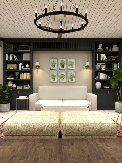 This multi-functional room serves as a creative studio and a guest room. The murphy bed is cleverly hidden within the dark cabinetry, allowing the space to be open for art projects during the day. The large ottomans provide flexible seating.