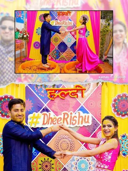 A collage featuring the couple in front of their custom "#DheeRishu" Haldi backdrop.