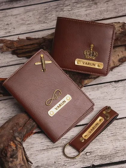 Another angle of the brown leather accessory set, showing the fine stitching and the custom nameplates. I offer these sets in seven different colors to suit any preference.