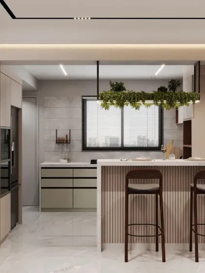 A modern kitchen design centered around an elegant island with a breakfast bar. This space combines sleek, handleless cabinetry with open shelving and a statement hanging planter, balancing functionality with contemporary aesthetics.