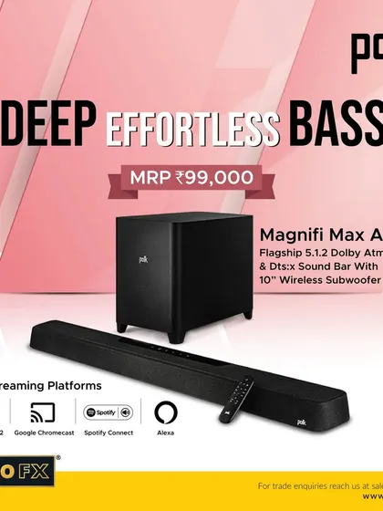 Experience deep, effortless bass with the Polk Magnifi Max AX. This flagship 5.1.2 Dolby Atmos soundbar comes with a 10-inch wireless subwoofer and supports multiple Wi-Fi streaming platforms for a complete audio solution.