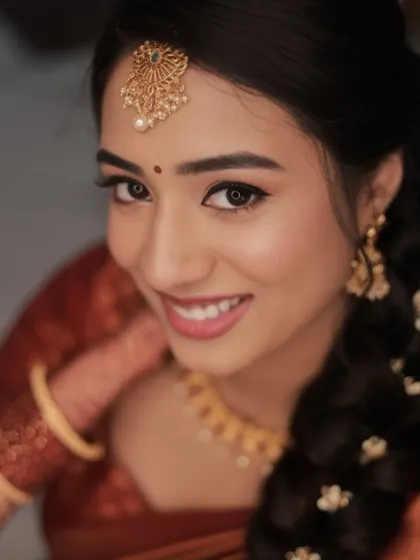 A close-up of Shruthi's beautiful engagement makeup. Her skin looks naturally flawless, and her smile is absolutely radiant. This is my signature 'less is more' approach.