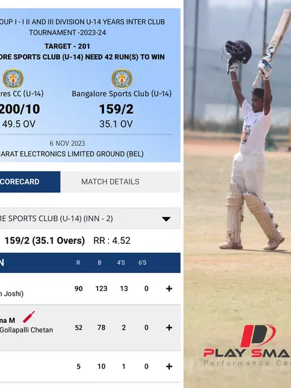 A graphic celebrating the rising star Pavandeep for his stunning 90-run knock while chasing in the KSCA U14 League.