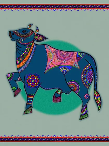 A deep blue version of the Kamdhenu cow, giving the sacred animal a celestial and serene appearance.