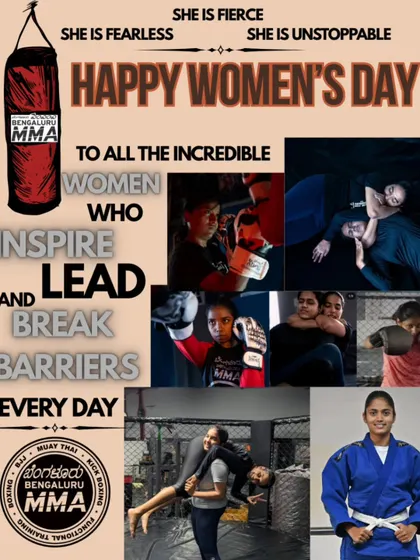 A collage celebrating the incredible women of Bengaluru MMA on Women's Day. We are proud to support and empower women through martial arts.