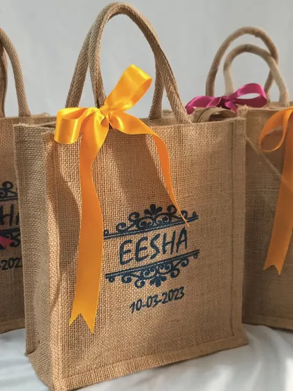 A clean, studio-style shot of our personalized jute bag, perfect for showcasing on any platform.