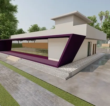 Another perspective of the modern clubhouse design. This view emphasizes how the building is situated within its environment, with a large water body in the foreground and ample green space, creating a resort-like feel.
