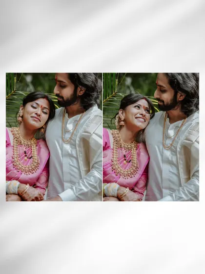 A diptych of the bride resting her head on the groom's shoulder, a sweet and intimate moment captured after the main rituals.