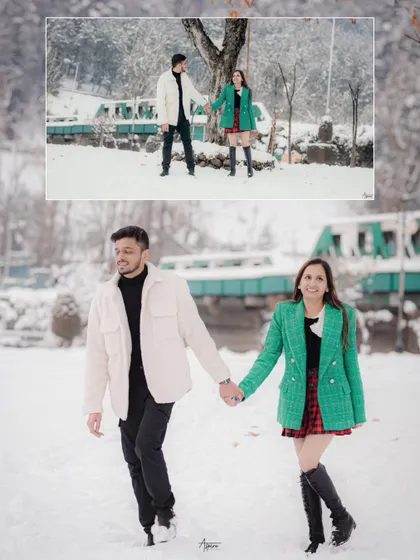A beautifully composed shot of Nikul and Sejal walking through the snow, with an inset showing a wider view. This highlights both their connection and the beauty of their surroundings.