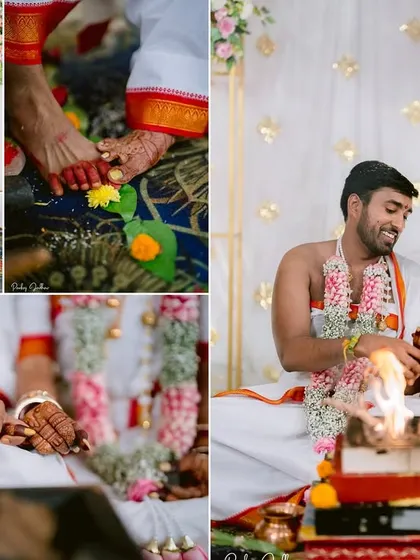 A collage of detailed ritual shots, from the 'Saptapadi' to offerings made to the fire.