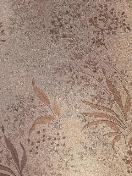 A close-up of a floral wallpaper in warm, earthy tones. The detailed, embossed pattern adds a rich texture, making it a cozy and inviting choice for a bedroom or reading nook.