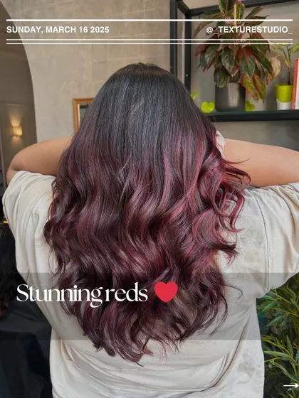 A stunning, vibrant red. This look is all about rich, saturated color that makes a bold and confident statement.