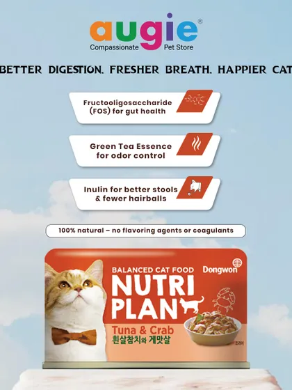 Better digestion leads to a happier cat. This Nutriplan Tuna & Crab food contains FOS for gut health, green tea for odor control, and inulin to reduce hairballs. It's 100% natural with no artificial flavoring.