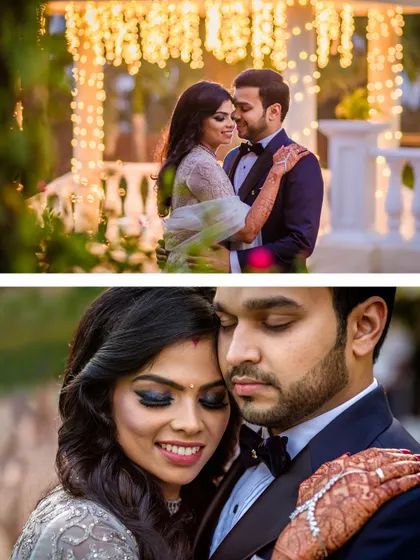 A collage of the couple's reception portraits. These shots highlight their elegant evening attire and the romantic, softly lit garden setting.
