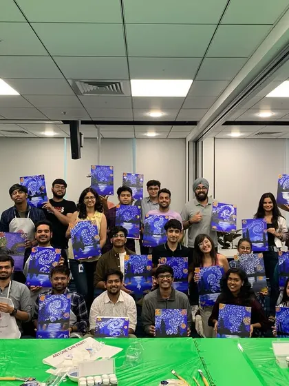 The LinkedIn office turned into a pop-up art studio for the day. This group shot shows just how much fun a mid-workday creative break can be. Everyone left with their own version of "Starry Night."