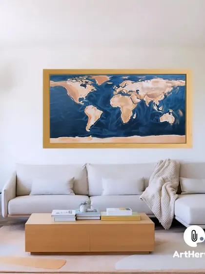 A large, framed 3D world map relief sculpture designed as a centerpiece for a living room. The continents are raised, and the ocean floor is textured to show bathymetric details.