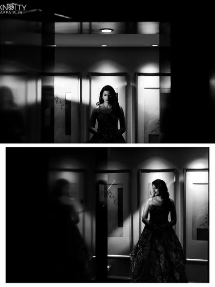 Artistic black and white bridal portraits using reflections and dramatic lighting. These images have a mysterious and elegant quality.