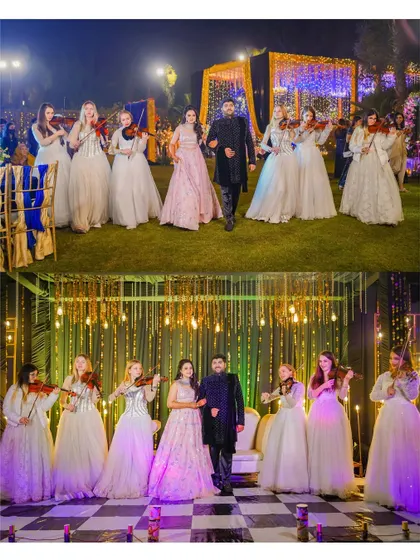 This collage showcases the couple's grand entrance and on-stage moments, surrounded by performers. It highlights the entertainment and celebratory aspects of the event.