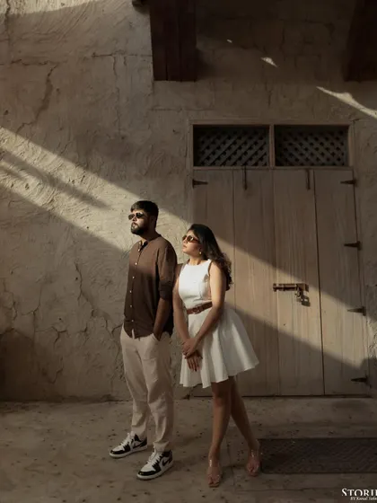 Using the dramatic play of light and shadow in Dubai to create an artistic and moody couple portrait. This style of photography adds depth and character to the pre-wedding album.