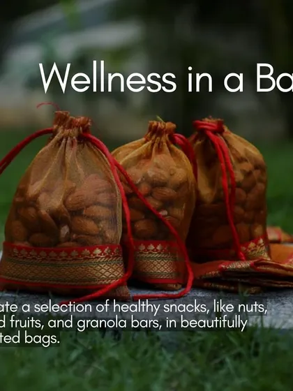 A duplicate of ID 127, this image presents the healthy and elegant wedding favor idea of "Wellness in a Bag."
