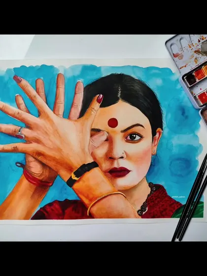 Another angle of the Sushmita Sen watercolor portrait, showcasing the details and the vibrant background wash.