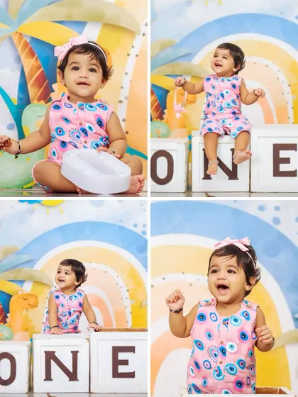 A four-photo collage from a delightful first birthday shoot. It showcases the baby's adorable expressions and interactions with the colorful, themed setup.