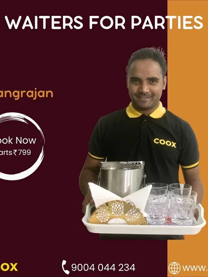 Meet Prangrajan, another member of my skilled team, prepared with a tray of glasses and snacks. My waiters come ready to assist with serving drinks and food throughout your celebration.