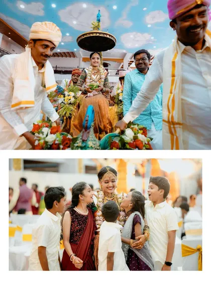 A collage showing the bride's entrance on a beautifully decorated palanquin, surrounded by her loved ones.