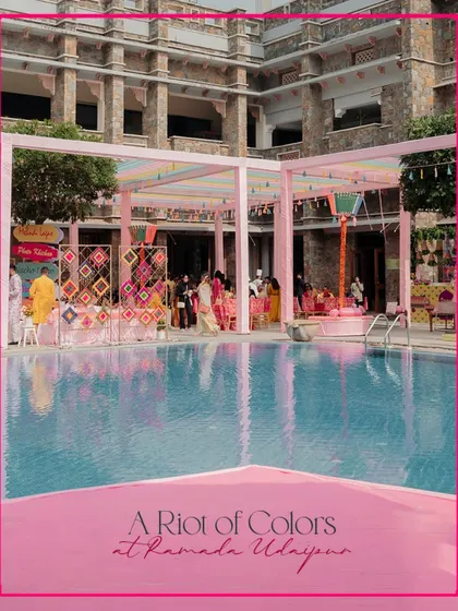A riot of colors at the Ramada Udaipur. The poolside Haldi was designed with a lively and quirky vibe, using a pastel theme with vibrant pops of color from props and florals.