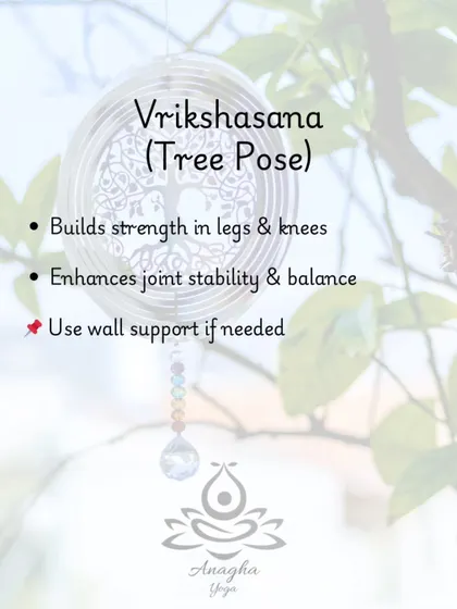 Vrikshasana (Tree Pose) is practiced with wall support to safely build strength in the legs and knees, enhancing joint stability and balance.