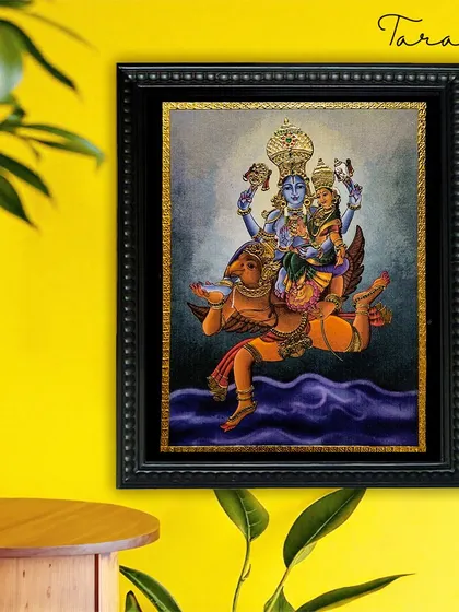 Our Vishnu Lakshmi canvas painting, shown in a home setting, demonstrates how this fusion art can be a powerful and elegant statement piece, bridging the gap between traditional and modern decor.