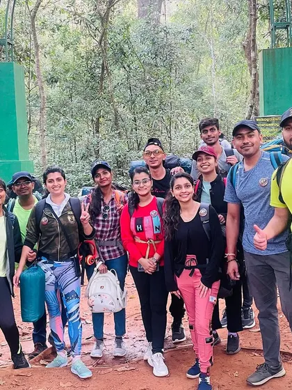 A team at the entrance to a forest trail. Our treks in the Western Ghats take you through some of the most beautiful and biodiverse regions of Karnataka.