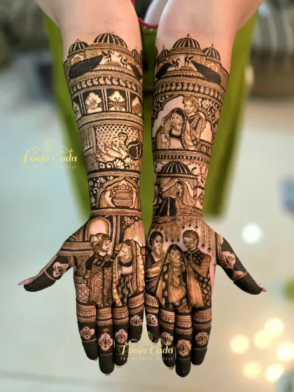 This full design for a bride features multiple portraits, including a beautiful varmala scene on the palm and a depiction of the couple with family.